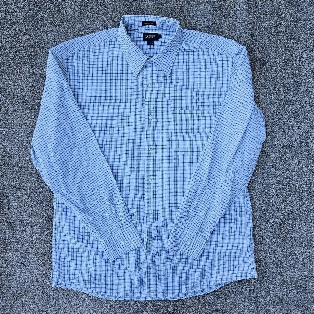 J Crew 80s 2 Ply Cotton LS Button Down Blue White Plaid Shirt Mens Large 16-16.5